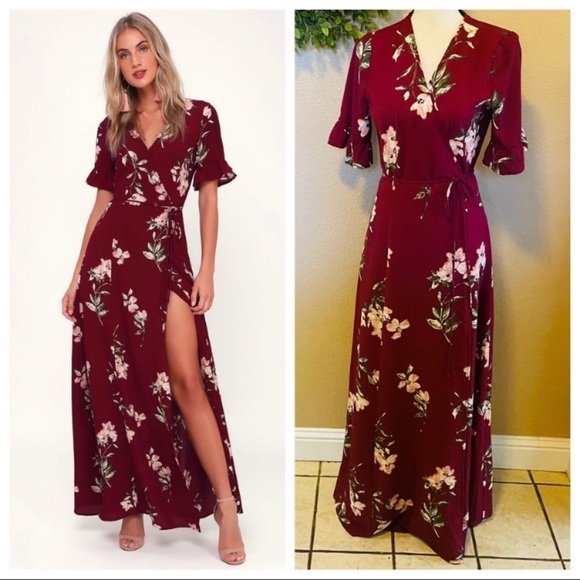 Lulu's | Dresses | Nwot Lulus September Sunsets Burgundy Floral Print Wrap  Maxi Dress | Poshmark